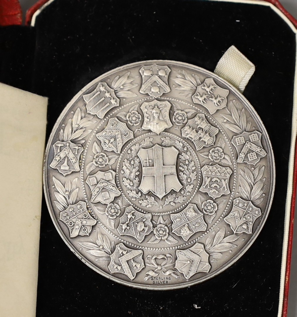 Pre 1947 silver coins and a technological examination medal stamped ‘sterling silver’ the edge stamped ‘ALFRED JOSEPH YORKE MAGNUS, FIRST PRIZE, BOOT AND SHOE MANUFACTURE, 1955’